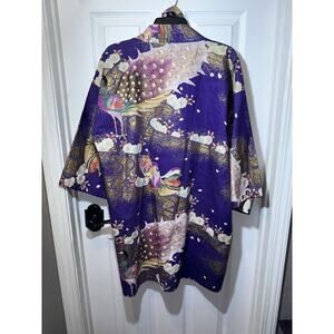 Vintage Juguemm Japanese Kimono Robe Women Sz 35 Birds Purple Gold W/ Belt MINT